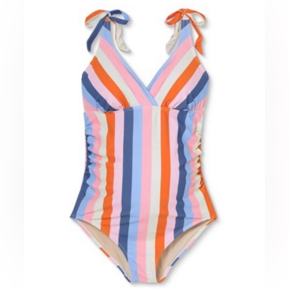 NWT Isabel Maternity One Piece Striped Swimsuit Pink Blue Size Medium